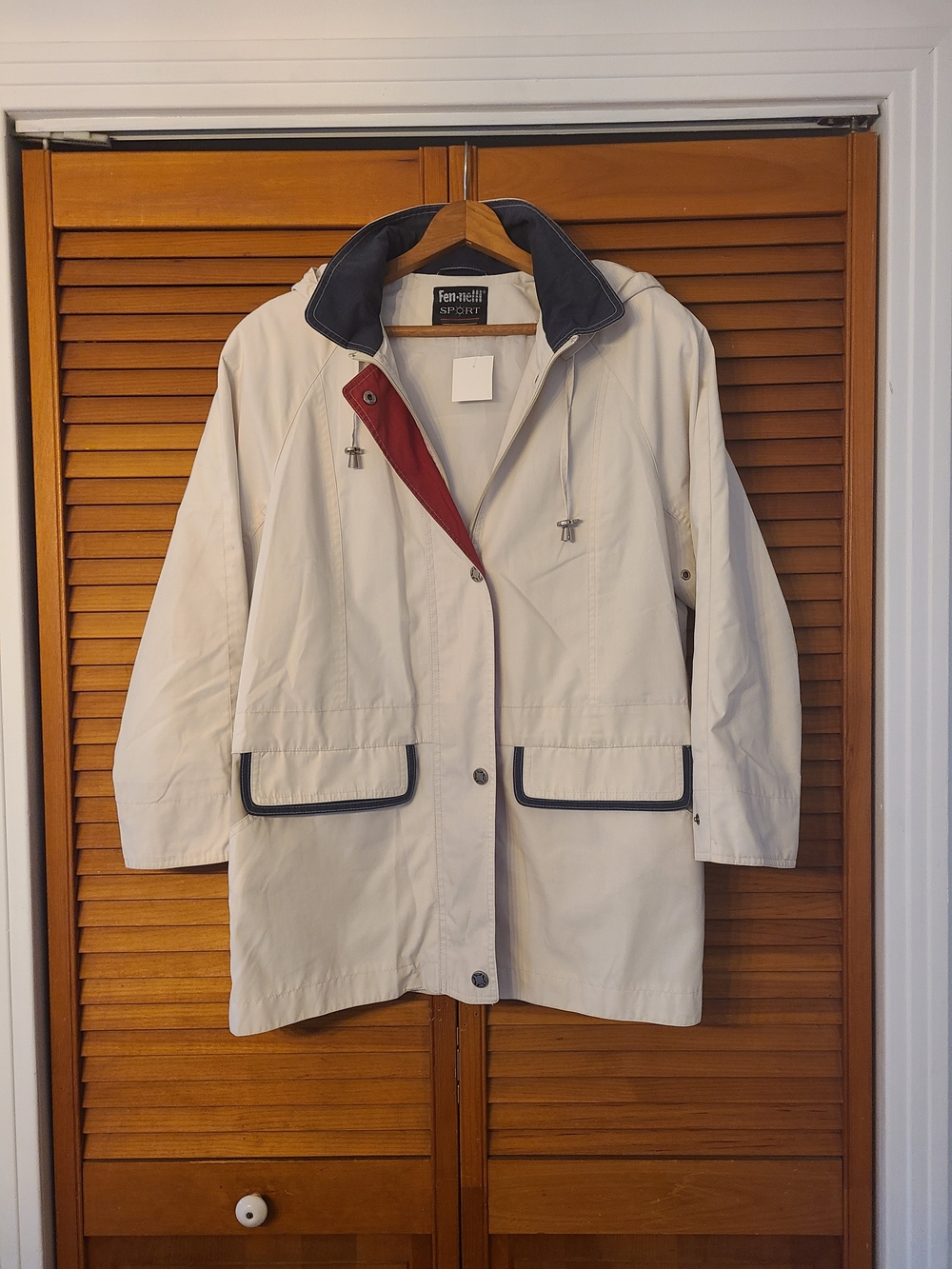 Women's Cream Hooded Raincoat with Navy Trim
